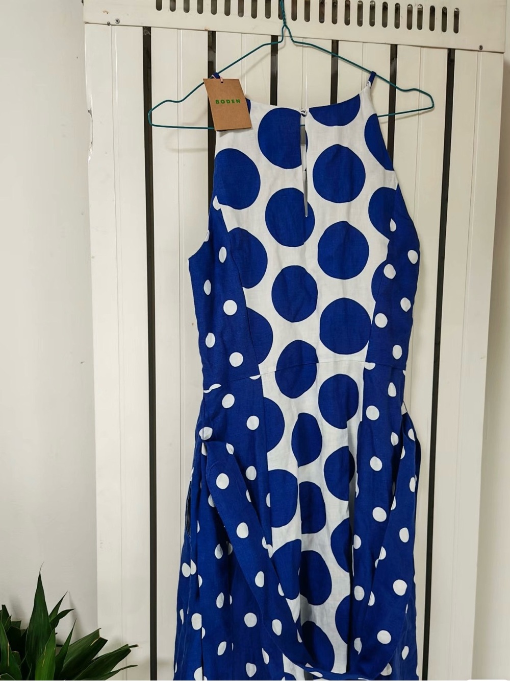 Boden Blue and White Polka Dot Halter Maxi Dress linen dress - Picture 3 of 4